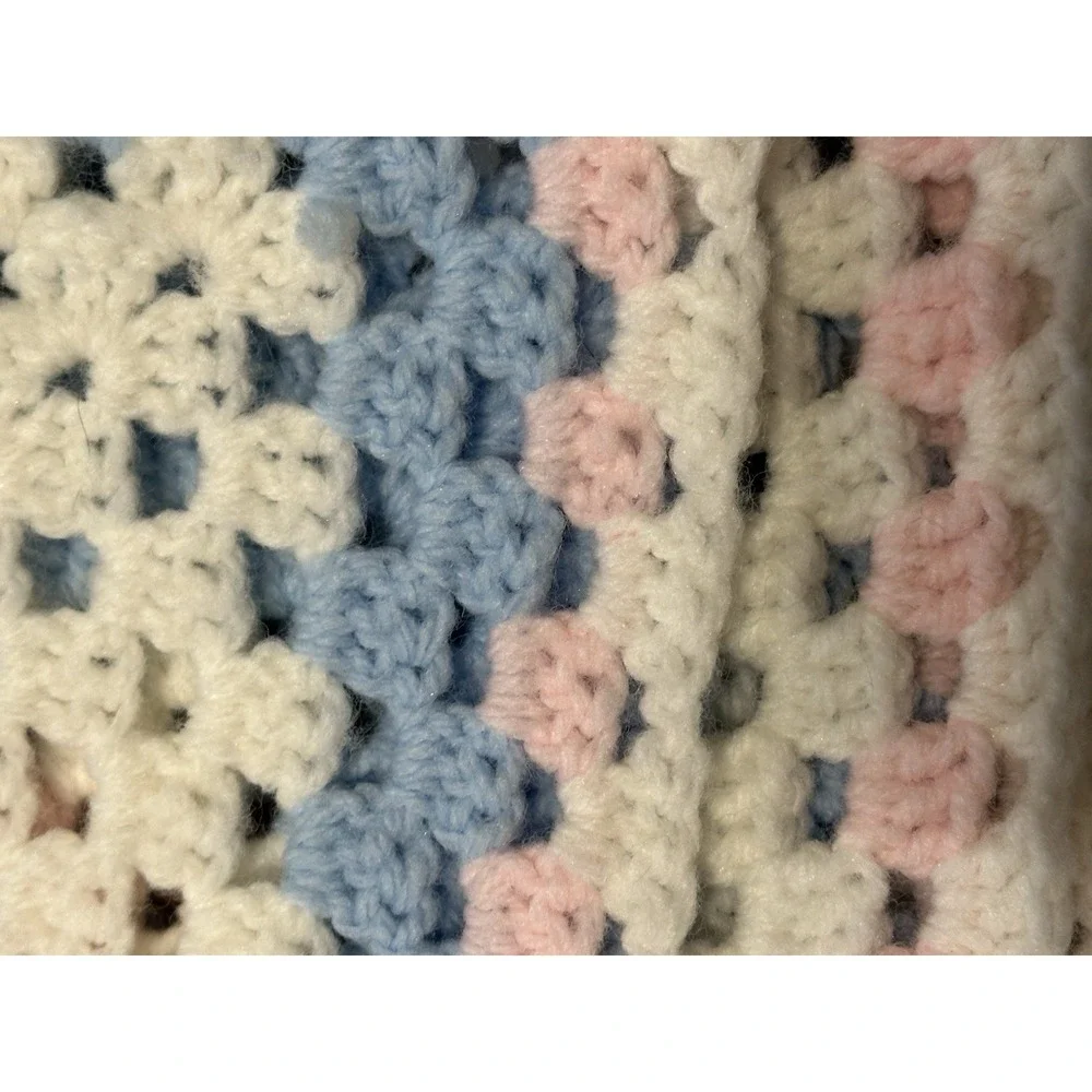 Granny Square Afghan Baby Lap Blanket Pastel Pink Blue  Hand Crocheted 35